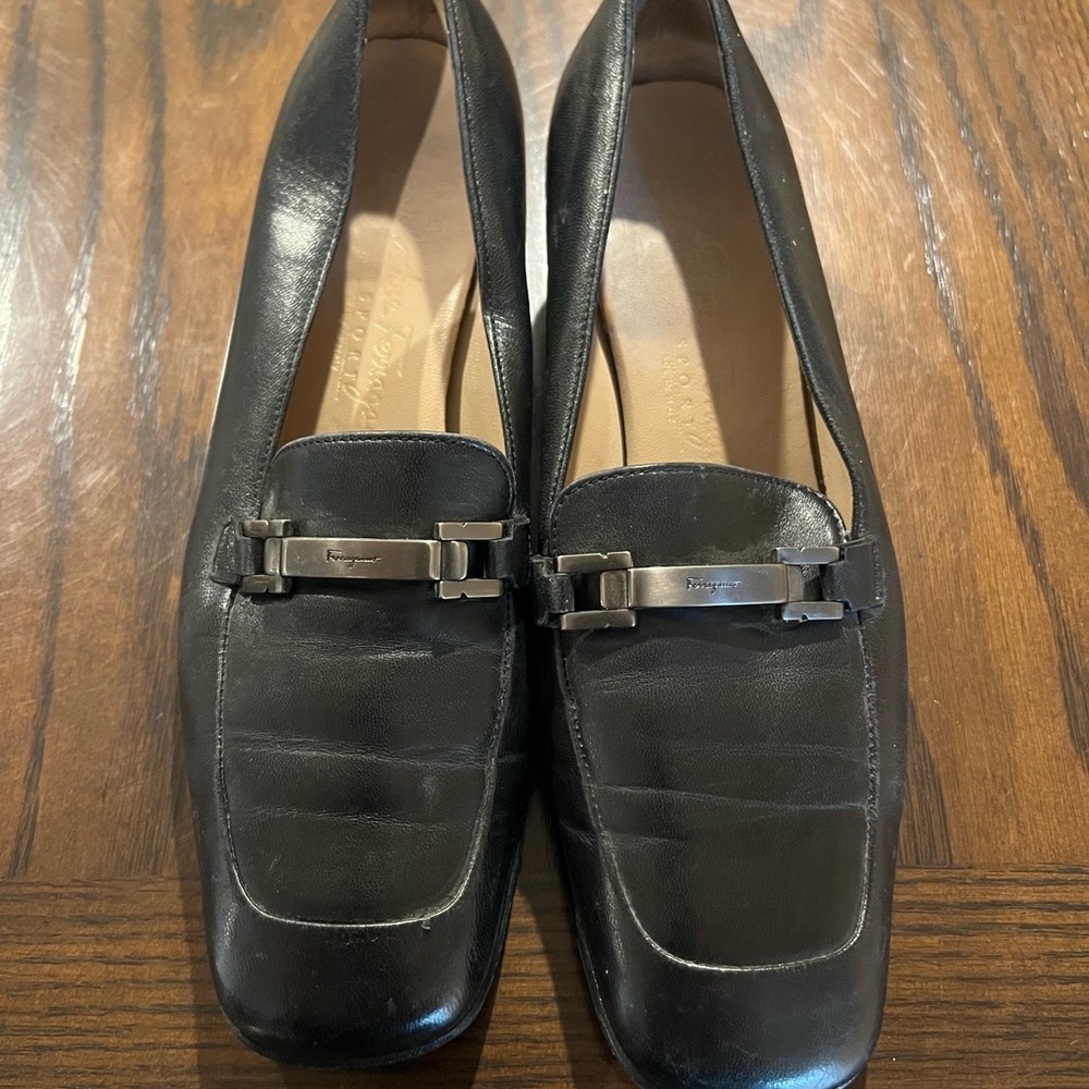 Salvatore Ferragamo Women's Size 6.5B Black Loafers With Silver Buckle VGT
